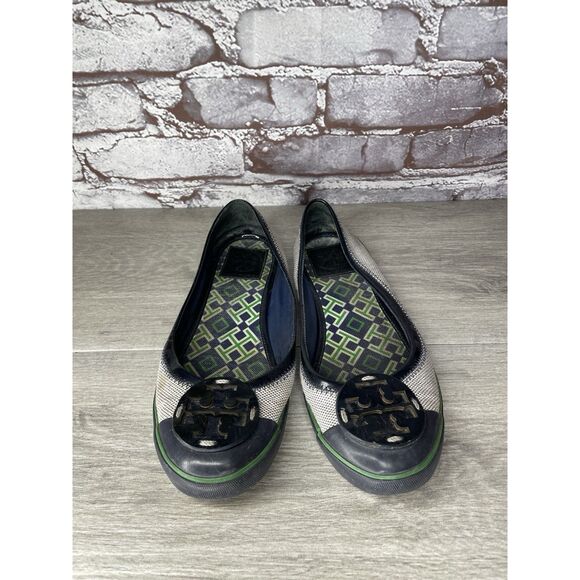 Tory Burch Channing Black Patent Leather Green Gray Canvas Ballet Flats Women 7M - Picture 15 of 16